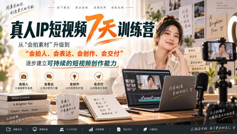真人IP短视频7天训练营，从“会拍素材”升级到“会拍人、会表达、会创作、会交付”，逐步建立可持续的短视频创作能力-智云网