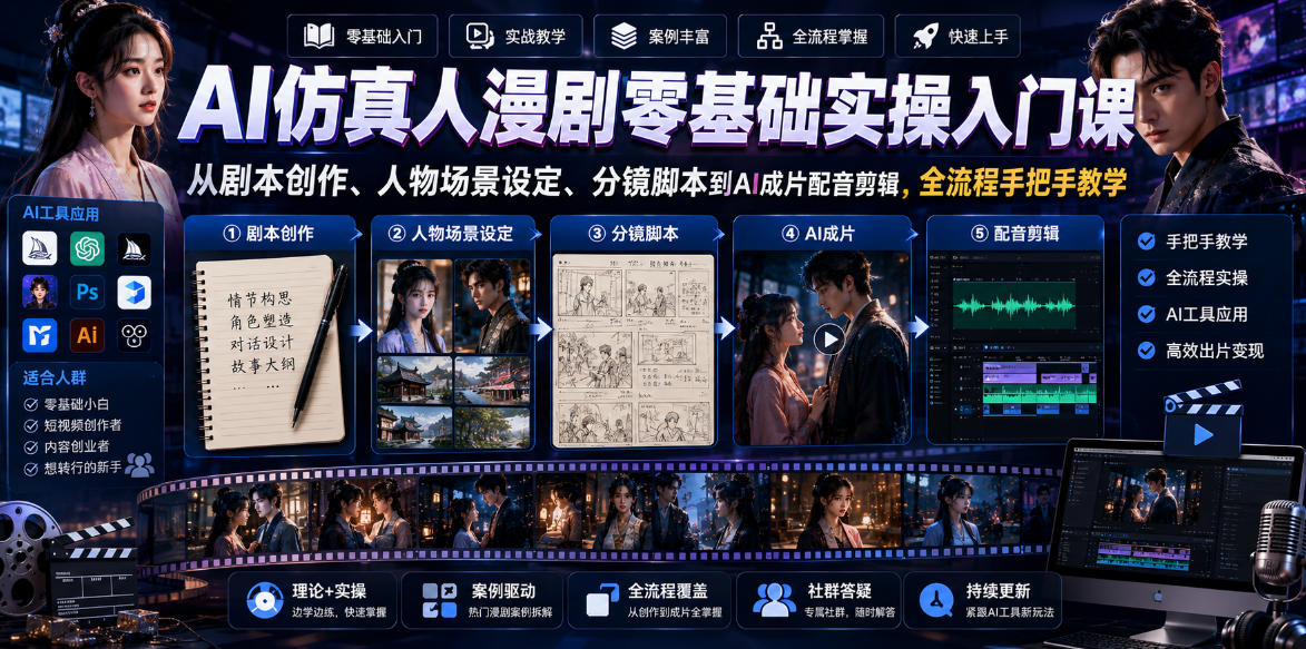 AI仿真人漫剧零基础实操入门课,从剧本创作、人物场景设定、分镜脚本到AI成片配音剪辑,全流程手把手教学-智云网