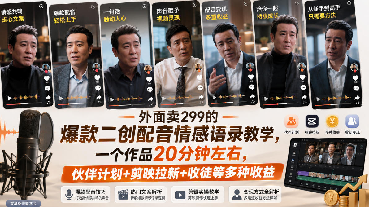 外面卖299的爆款二创配音情感语录教学，一个作品20分钟左右，伙伴计划+剪映拉新+收徒等多种收益-智云网