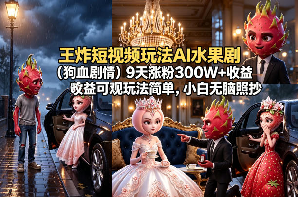 王炸短视频玩法AI水果剧(狗血剧情)9天涨粉300W+收益可观玩法简单,小白无脑照抄,详细拆解玩法 王炸短视频玩法AI水果剧(狗血剧情)9天涨粉300W+收益可观玩法简单,小白无脑照抄,详细拆解玩法