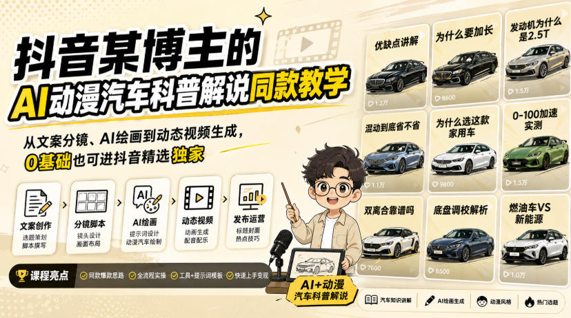 抖音某博主的AI动漫汽车科普解说同款教学，从文案分镜、AI绘画到动态视频生成，0基础解锁抖音精选独家收益-智云网