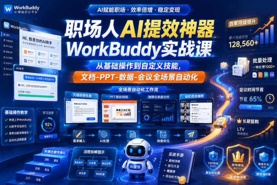 职场人AI提效神器WorkBuddy实战课,从基础操作到自定义技能,文档-PPT-数据-会议全场景自动化-智云网