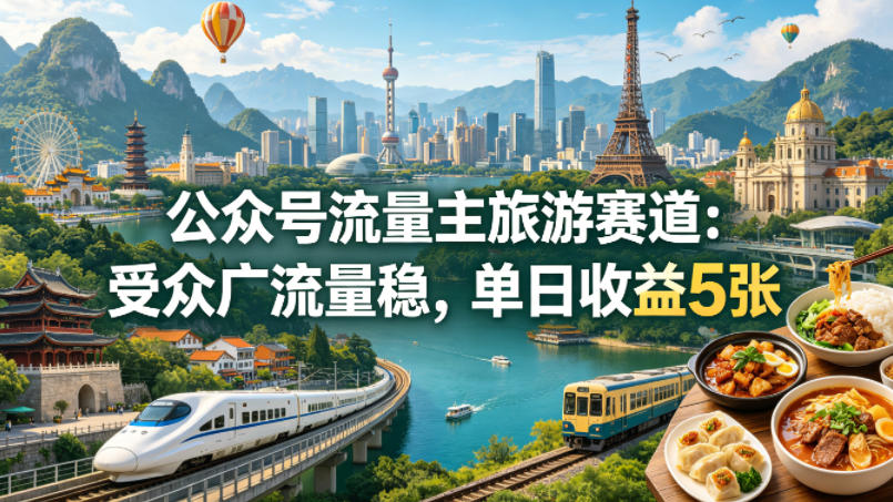 公众号流量主之旅游赛道,受众广+流量稳,平均单日收益5张+ 公众号流量主之旅游赛道,受众广+流量稳,平均单日收益5张+