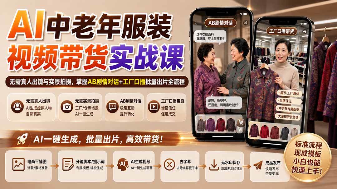 (20198期)AI中老年服装视频带货实战课:无需真人出镜与实景拍摄,掌握AB剧情对话+工厂口播批量出片全流程-智云网