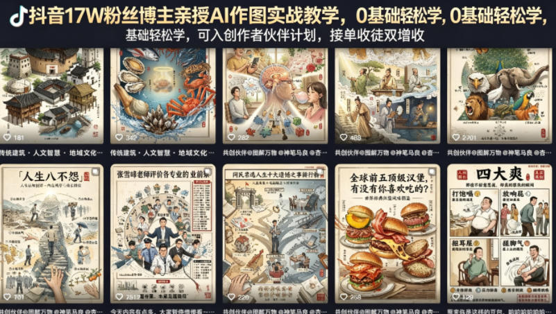 抖音17W粉丝博主亲授AI作图实战教学，0基础轻松学，可入创作者伙伴计划，接单收徒双增收-智云网
