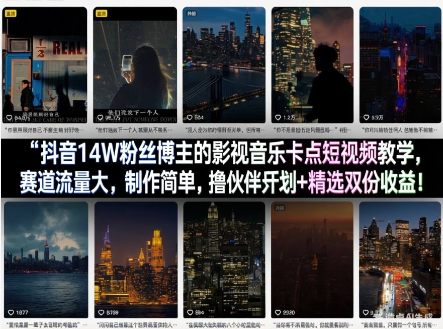 抖音14W粉丝博主的影视音乐卡点短视频教学，赛道流量大，制作简单，撸伙伴计划+精选双份收益！-智云网