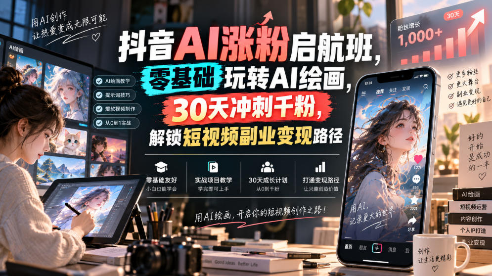 抖音AI涨粉启航班，零基础玩转AI绘画，30天冲刺千粉，解锁短视频副业变现路径-智云网