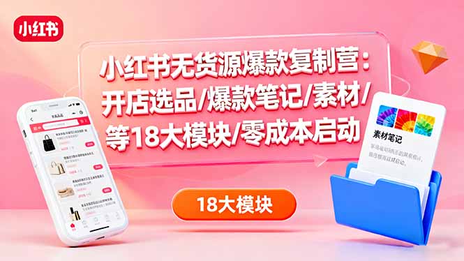 小红书无货源爆款复制营:开店选品/爆款笔记/素材/等18大模块/零成本启动-智云网