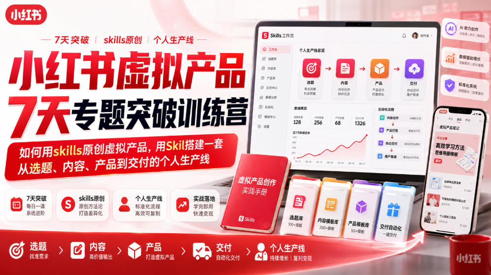 小红书虚拟产品7天专题突破训练营,如何用skills原创虚拟产品,用Skil搭建一套从选题、内容、产品到交付的个人生产线-智云网