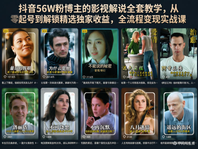 抖音56W粉博主的影视解说全套教学,从零起号到解锁精选独家收益,全流程变现实战课-智云网