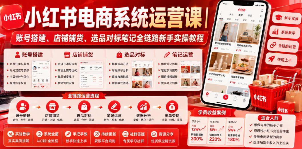 小红书电商系统运营课|账号搭建、店铺铺货、选品对标笔记全链路新手实操教程-智云网