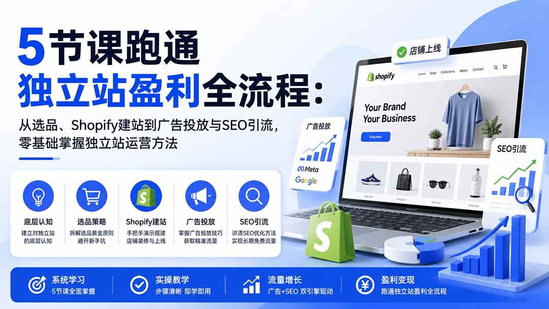 (20316期)5节课跑通独立站盈利全流程:从选品、Shopify建站到广告投放与SEO引流,零基础掌握独立站运营方法-智云网
