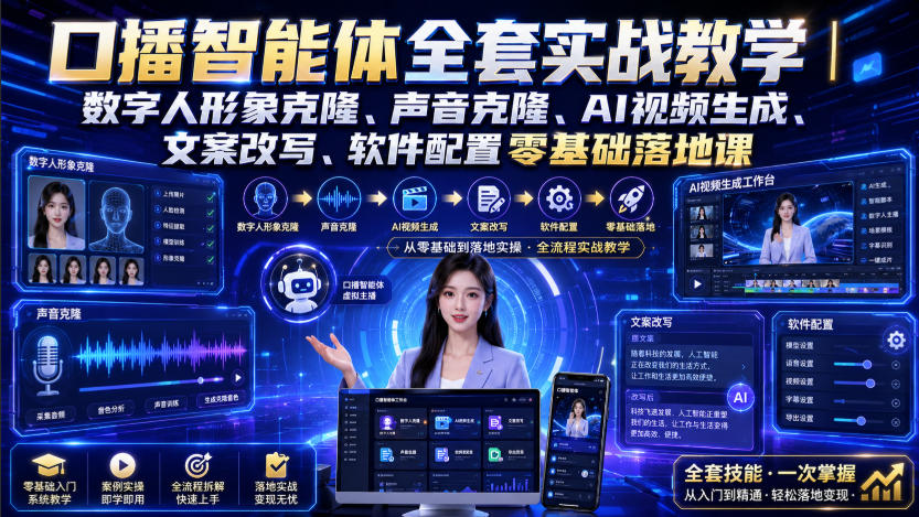口播智能体全套实战教学｜数字人形象克隆、声音克隆、AI视频生成、文案改写、软件配置零基础落地课-智云网