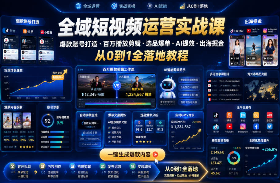 全域短视频运营实战课,爆款账号打造・百万播放剪辑・选品爆单・AI提效・出海掘金,从0到1全落地教程-智云网
