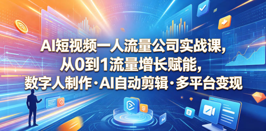 AI短视频一人流量公司实战课,从0到1流量增长赋能,数字人制作・AI自动剪辑・多平台变现,一人做流量生意全落地教程-智云网