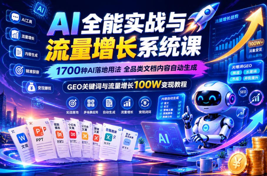 AI全能实战与流量增长系统课,1700种AI落地用法,全品类文档内容自动生成,GEO关键词与流量增长100W变现教程-智云网