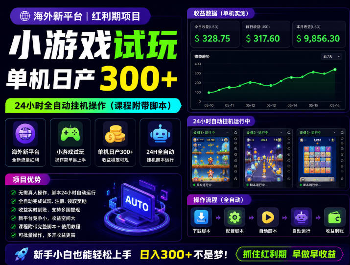 海外新平台,小游戏试玩,单机日产300+,24小时全自动挂G操作(课程附带脚本)【揭秘】 海外新平台,小游戏试玩,单机日产300+,24小时全自动挂G操作(课程附带脚本)【揭秘】