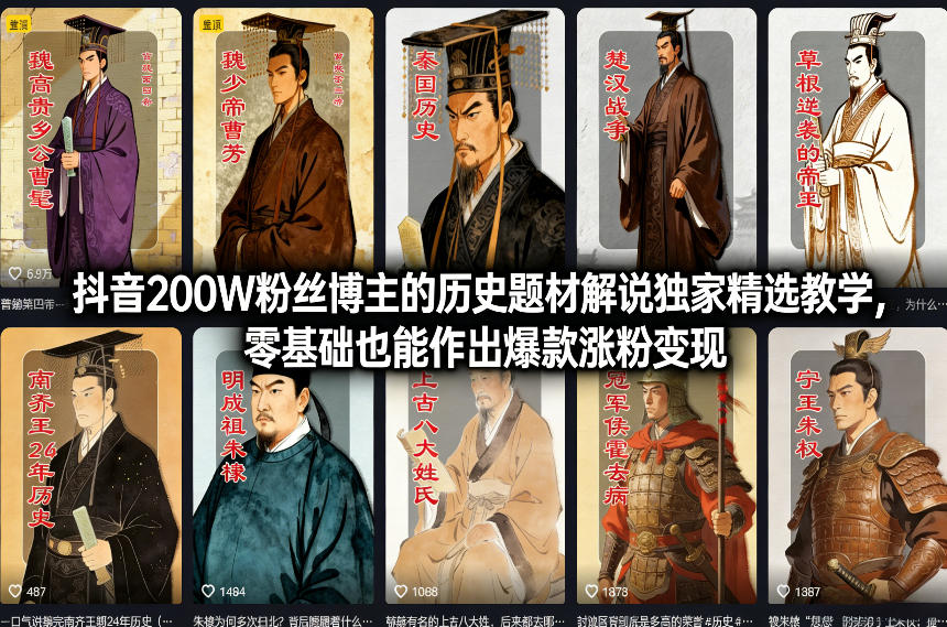 抖音200W粉丝博主的历史题材解说独家精选教学,零基础也能作出爆款涨粉变现-智云网