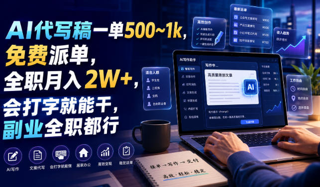 AI代写稿一单500~1k,免费派单,全职月入2W+,会打字就能干,副业全职都行【揭秘】-智云网
