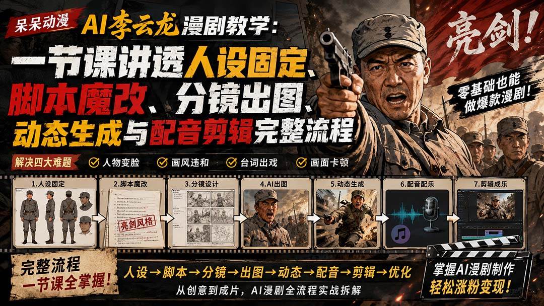 （20107期）呆呆动漫AI李云龙漫剧教学：一节课讲透人设固定、脚本魔改、分镜出图、动态生成与配音剪辑完整流程-智云网