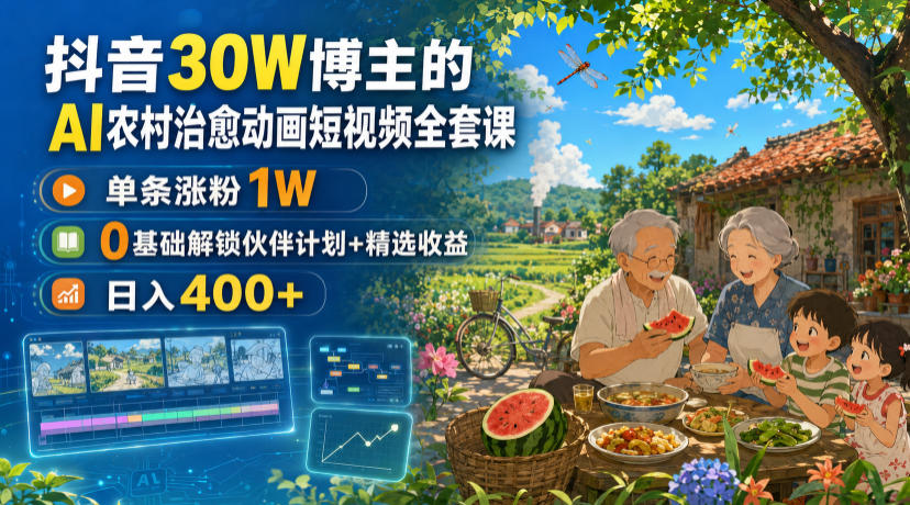 抖音30W博主的AI农村治愈动画短视频全套课｜单条涨粉1W，0基础解锁伙伴计划+精选收益，日入400+-智云网