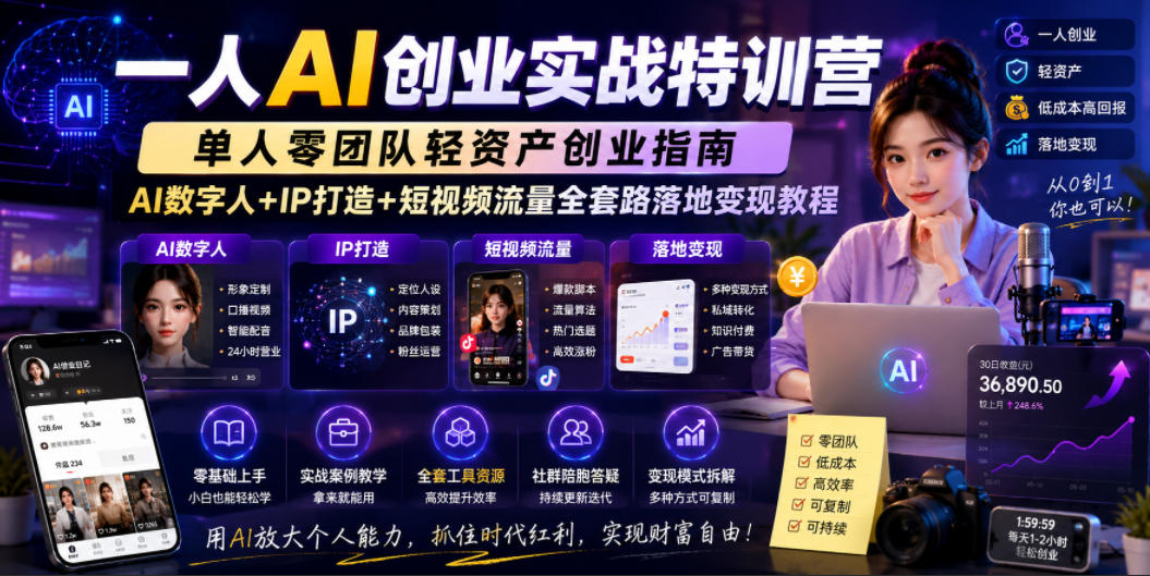 一人AI创业实战特训营,单人零团队轻资产创业指南,AI数字人+IP打造+短视频流量全套路落地变现教程-智云网