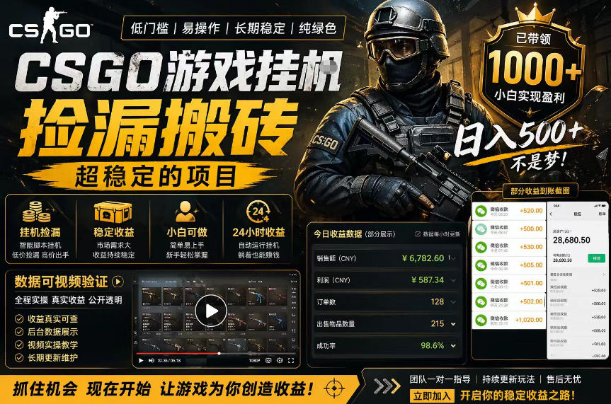 CSGO游戏搬砖,全自动挂G,不需要玩游戏,手机操作日入300+,解放双手【揭秘】 CSGO游戏搬砖,全自动挂G,不需要玩游戏,手机操作日入300+,解放双手【揭秘】