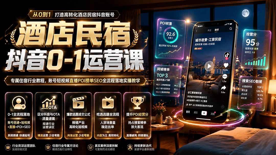 （19624期）酒店民宿抖音0-1运营课｜专属住宿行业教程，账号短视频直播POI榜单SEO全流程落地实操教学-智云网