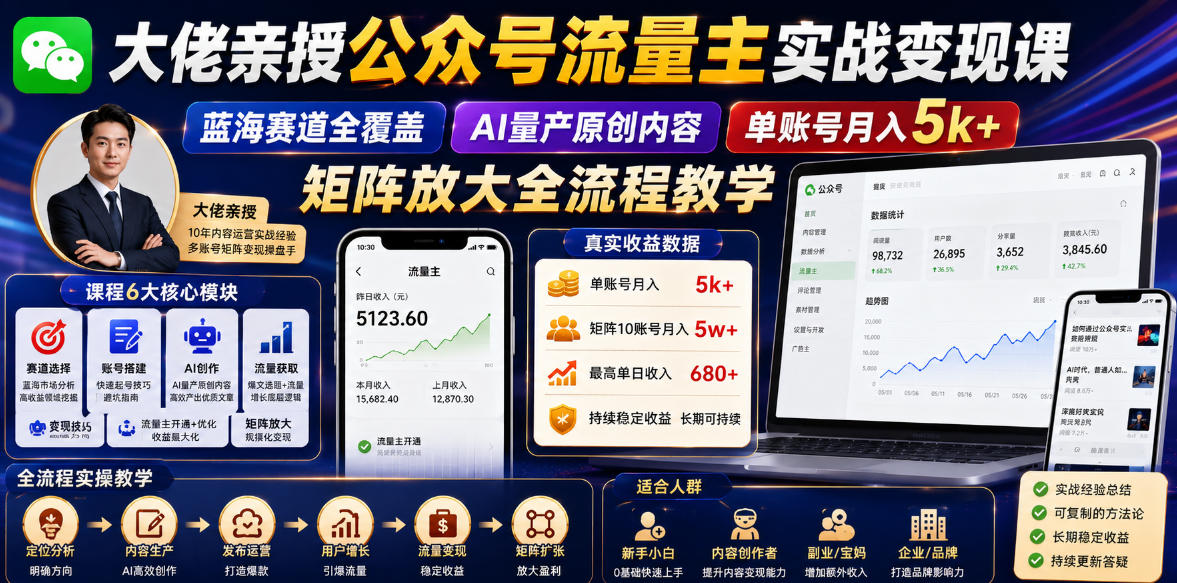 大佬亲授公众号流量主实战变现课,蓝海赛道全覆盖,AI量产原创内容,单账号月入5k+矩阵放大全流程教学-智云网