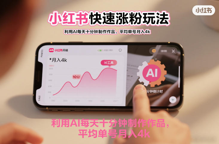 小红书快速涨粉玩法,利用AI每天十分钟制作作品,平均单号月入4k