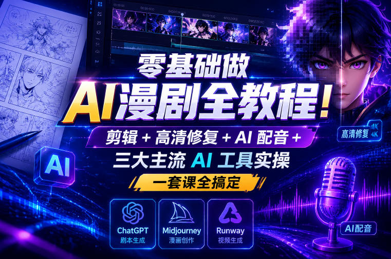 零基础做AI漫剧全教程!剪辑+高清修复+AI配音+三大主流AI工具实操,一套课全搞定-智云网