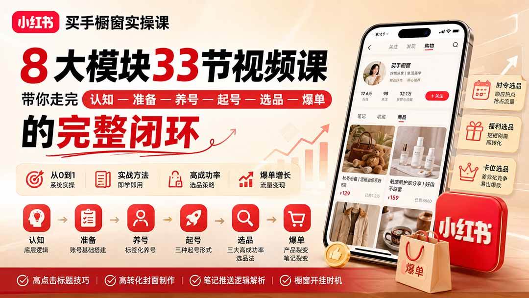 (20317期)小红书买手橱窗实操课:8大模块33节视频课,带你走完”认知—准备—养号—起号—选品—爆单”的完整闭环-智云网