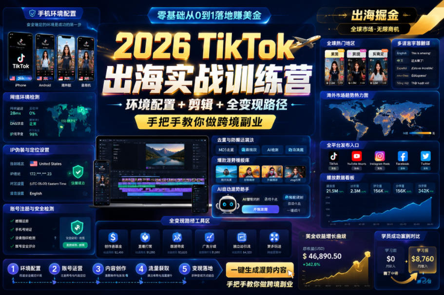 2026 TikTok出海实战训练营,环境配置 + 剪辑 + 全变现路径,手把手教你做跨境副业-智云网