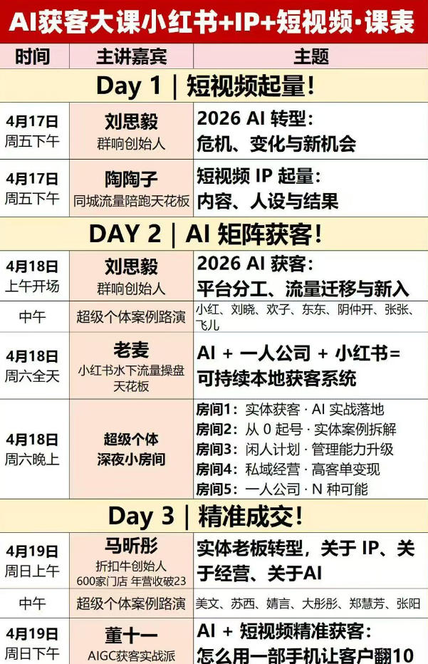 AI获客大课小红书+IP+短视频3天2夜线下课,用最真实的一线案例,最前沿的AI工具,最有效的流量打法 AI获客大课小红书+IP+短视频3天2夜线下课,用最真实的一线案例,最前沿的AI工具,最有效的流量打法