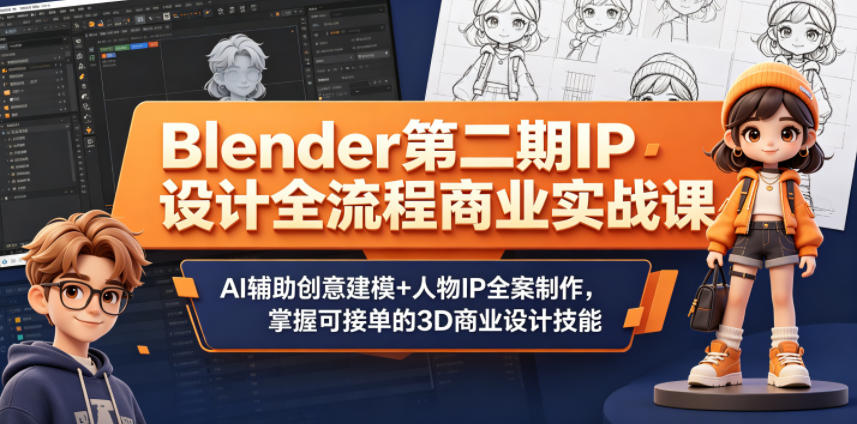 Blender第二期IP设计全流程商业实战课,AI辅助创意建模+人物IP全案制作,掌握可接单的3D商业设计技能 Blender第二期IP设计全流程商业实战课,AI辅助创意建模+人物IP全案制作,掌握可接单的3D商业设计技能