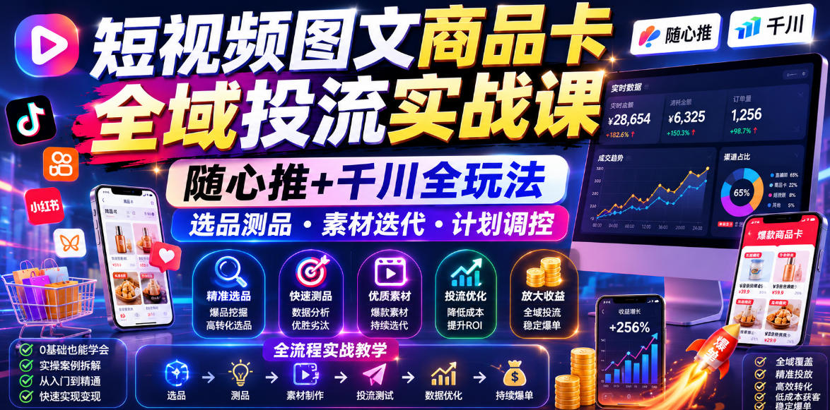 短视频图文商品卡全域投流实战课,随心推+千川全玩法,选品测品・素材迭代・计划调控,提升ROI爆单增收教程-智云网