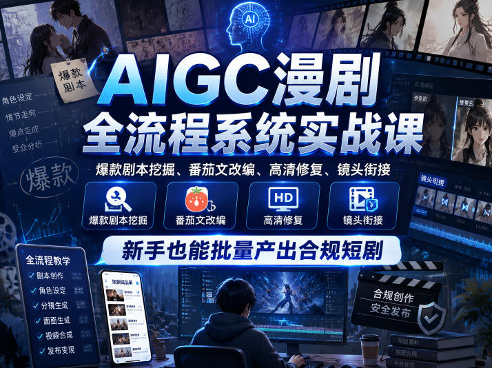 AIGC漫剧全流程系统实战课,爆款剧本挖掘、番茄文改编、高清修复、镜头衔接,新手也能批量产出合规短剧 AIGC漫剧全流程系统实战课,爆款剧本挖掘、番茄文改编、高清修复、镜头衔接,新手也能批量产出合规短剧