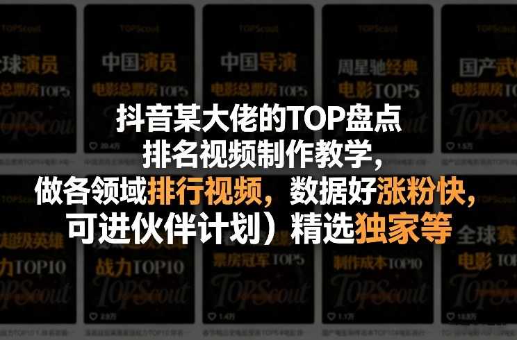 抖音某大佬的TOP盘点排名视频制作,做各领域排行视频,数据好涨粉快,可进伙伴计划+精选独家等-智云网
