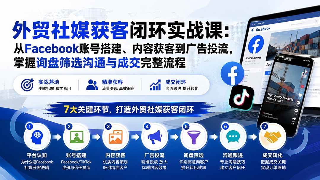 (20318期)外贸社媒获客闭环实战课:从Facebook账号搭建、内容获客到广告投流,掌握询盘筛选沟通与成交完整流程-智云网