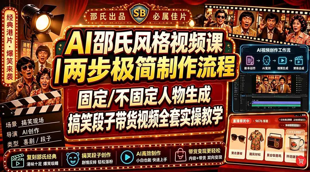 (19602期)AI邵氏风格视频课|两步极简制作流程,固定/不固定人物生成,搞笑段子带货视频全套实操教学-智云网
