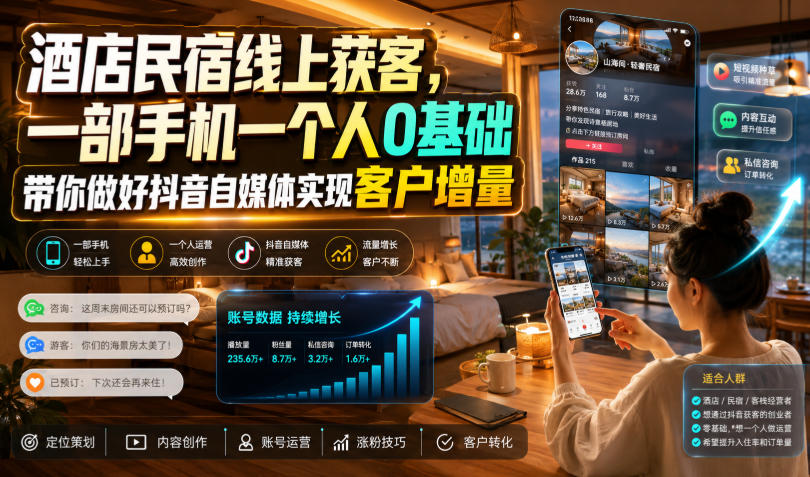 酒店民宿线上获客，一部手机一个人0基础带你做好抖音自媒体实现客户增量-智云网