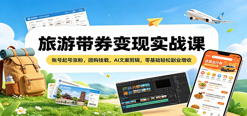旅游带券变现实战课:账号起号涨粉,团购挂载,AI文案剪辑,零基础轻松副业增收-智云网