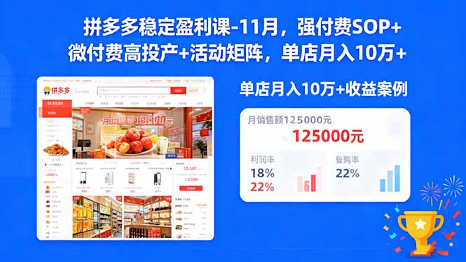 拼多多稳定盈利课-11月,强付费SOP+微付费高投产+活动矩阵,单店月入10w+-智云网