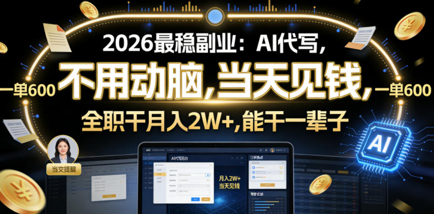 2026最稳副业:AI代写,不用动脑,当天见钱,一单600,全职干月入2W+,能干一辈子【揭秘】-智云网