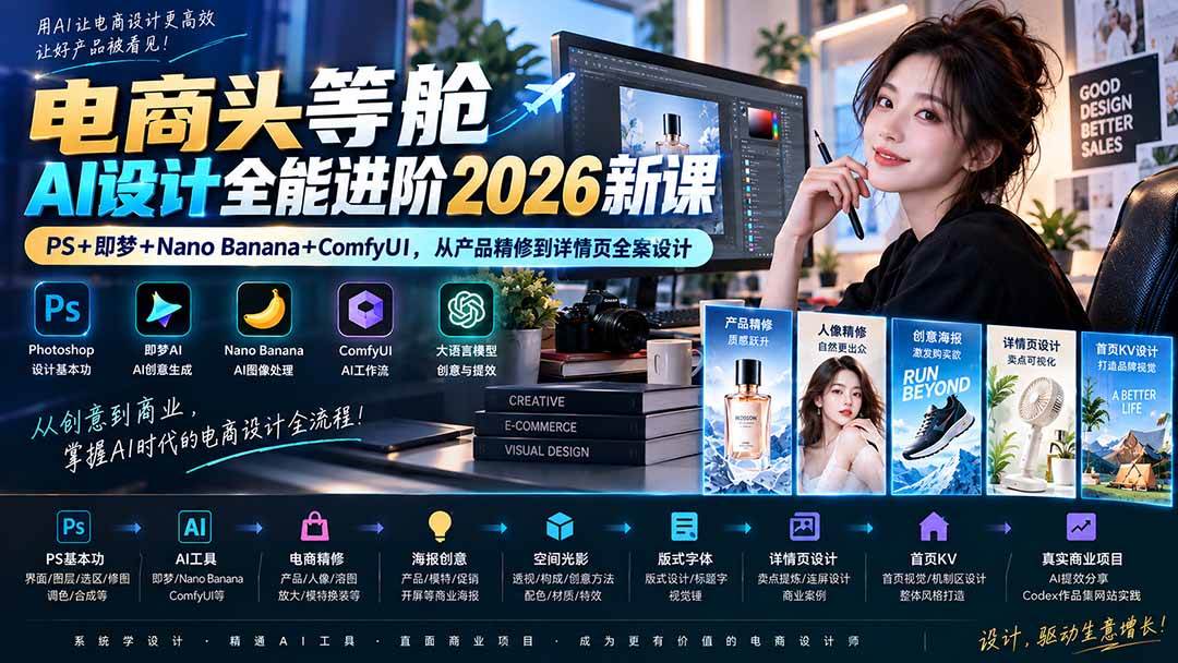 （20284期）电商头等舱AI设计全能进阶2026新课：PS+即梦+Nano Banana+ComfyUI，从产品精修到详情页全案设计-智云网