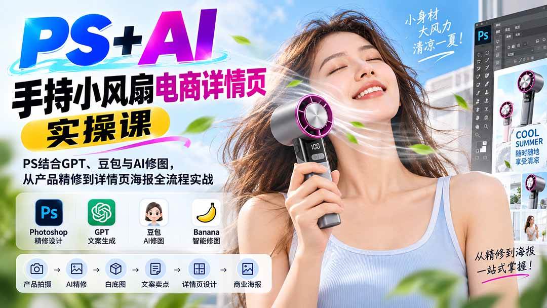 （20273期）PS+AI手持小风扇电商详情页实操课：PS结合GPT、豆包与AI修图，从产品精修到详情页海报全流程实战-智云网