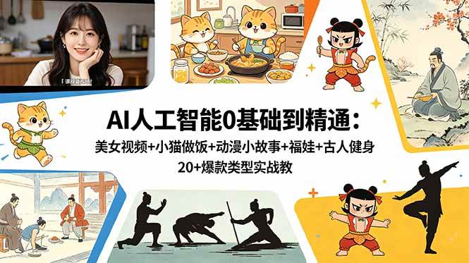 (18685期)AI人工智能0基础到精通:美女视频+小猫做饭+动漫小故事+福娃+古人健身,20+爆款类型实战教学-智云网