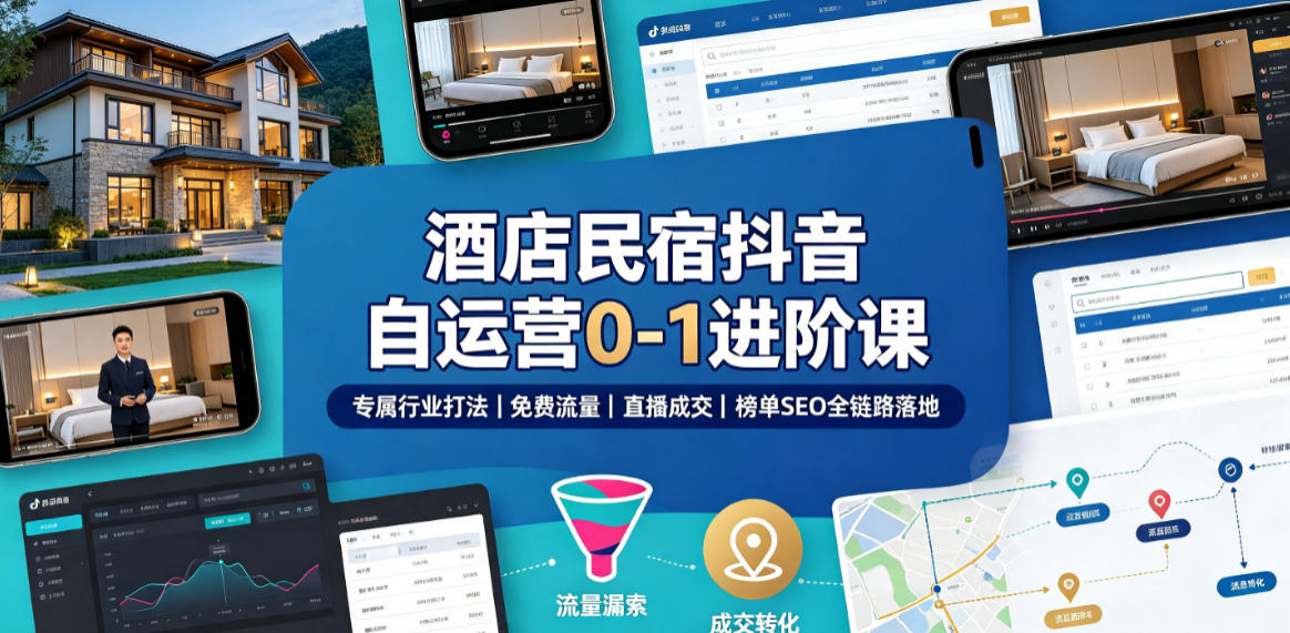 酒店民宿抖音自运营0-1进阶课｜专属行业打法、免费流量+直播成交+榜单SEO全链路落地-智云网