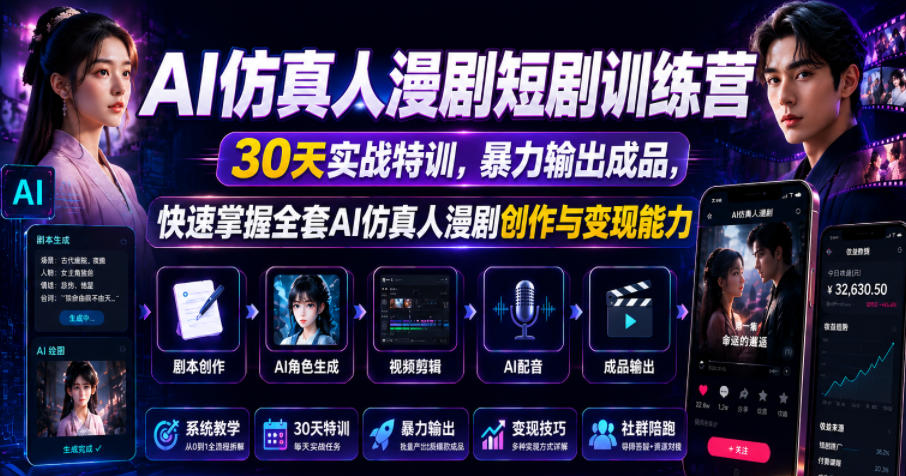 AI仿真人漫剧短剧训练营,30天实战特训,暴力输出成品,快速掌握全套AI仿真人漫剧创作与变现能力-智云网
