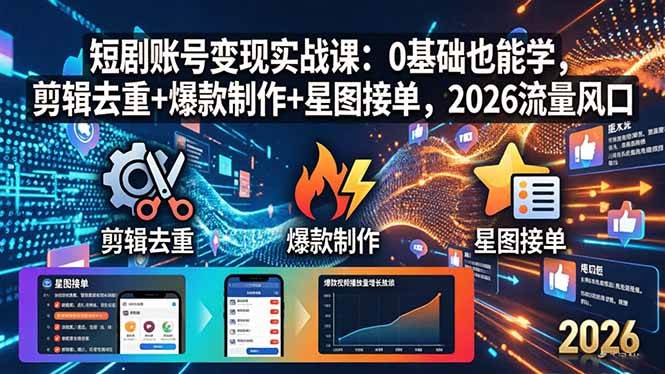 (18160期)短剧账号变现实战课:0基础也能学,剪辑去重+爆款制作+星图接单,2026流量风口 (18160期)短剧账号变现实战课:0基础也能学,剪辑去重+爆款制作+星图接单,2026流量风口